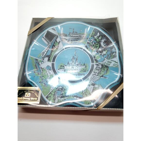 Disney World Magic Kingdom Blue Glass Souvenir Bowl Cinderella Castle Park Scene - Picture 8 of 8